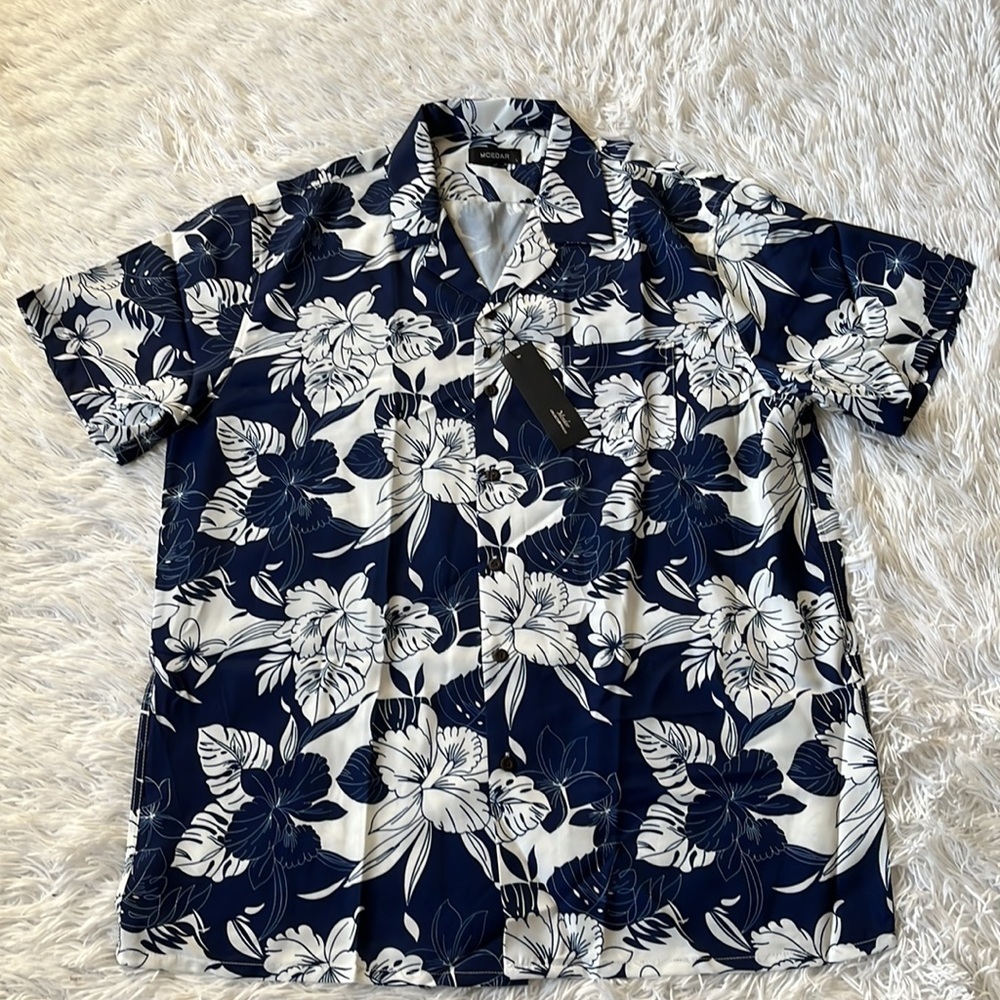 Mcedar Men’s Hawaiian button down Shirt Navy blue size Large
